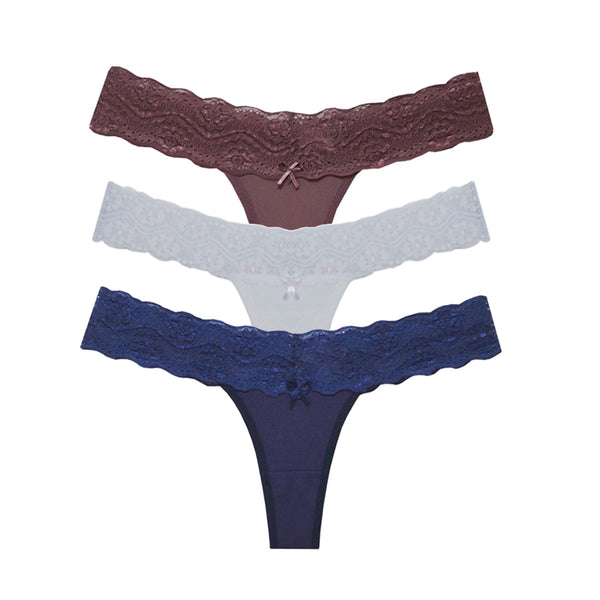 Kit Tanga Fio Dental com Renda na Cintura 3 peças (Cores Variadas)