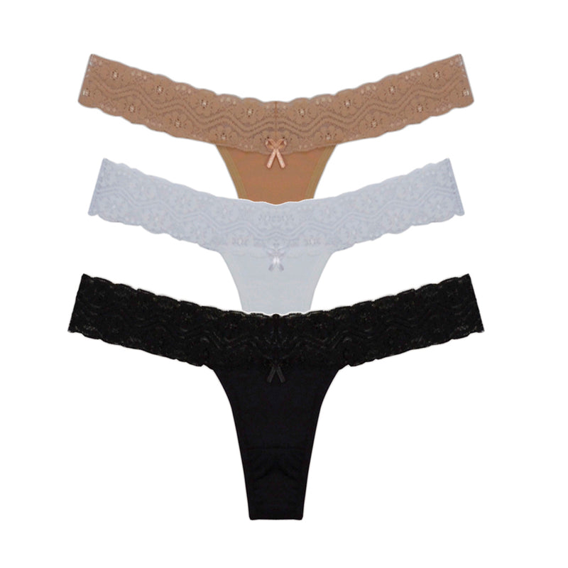 Kit Tanga Fio Dental com Renda na Cintura 3 peças (Cores Variadas)