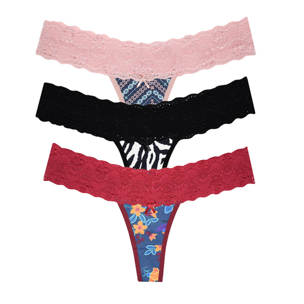 Kit Tanga Fio Dental com Renda na Cintura 3 peças (Estampas Variadas)